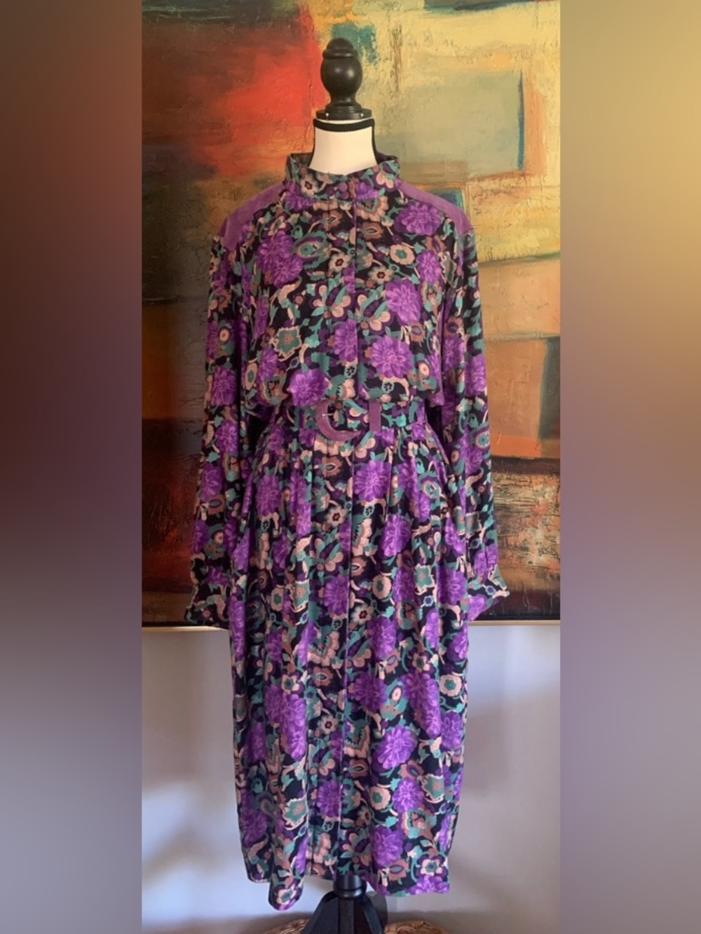 Vintage Rafi Jewel Tone 100% Rayon Midi Dress w/ Purple Suede Detail, Sz L-XL